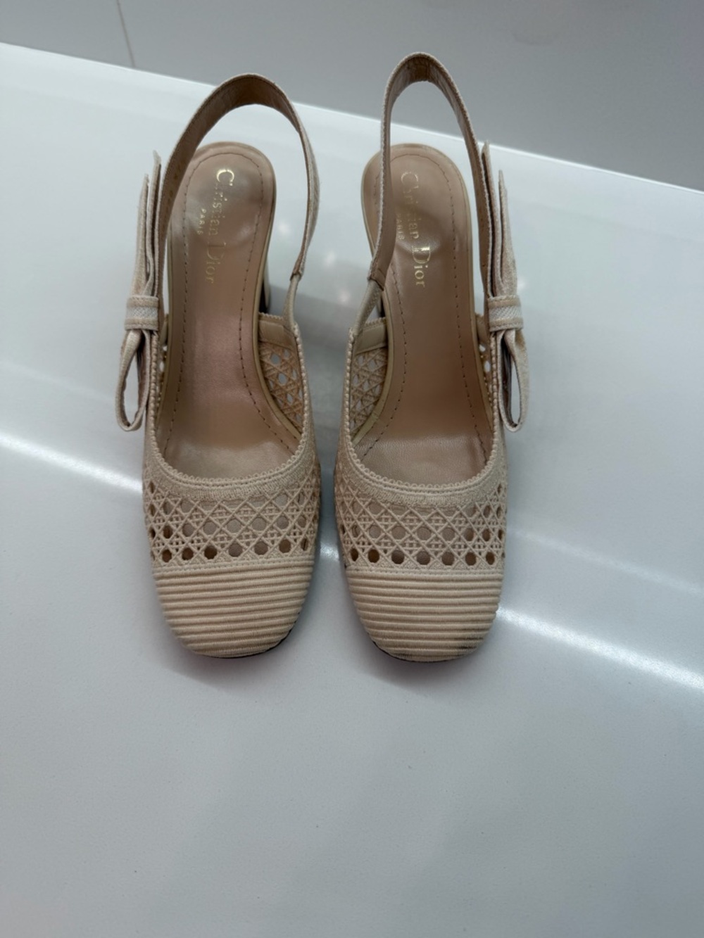 Dior Cream Woven Slingback Heels with Bow